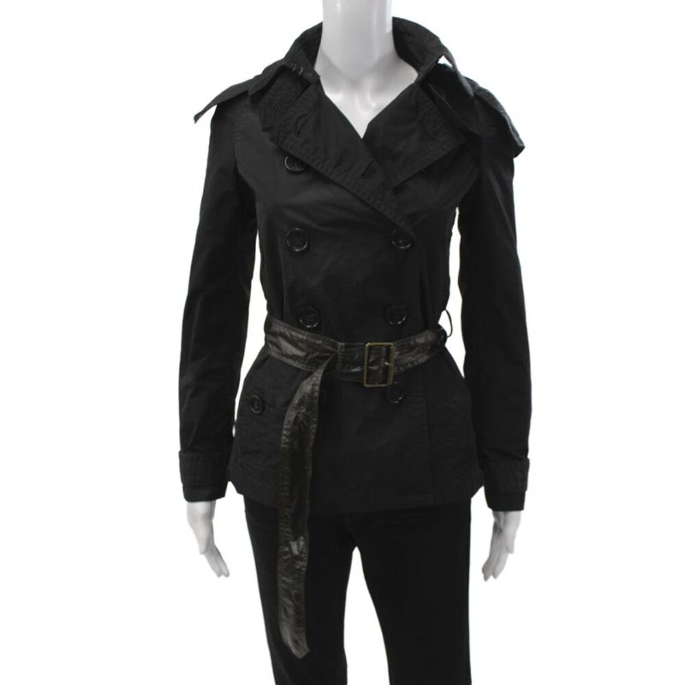 Burberry Brit Women Trench Coat Black Check Collared Buckle Size 2